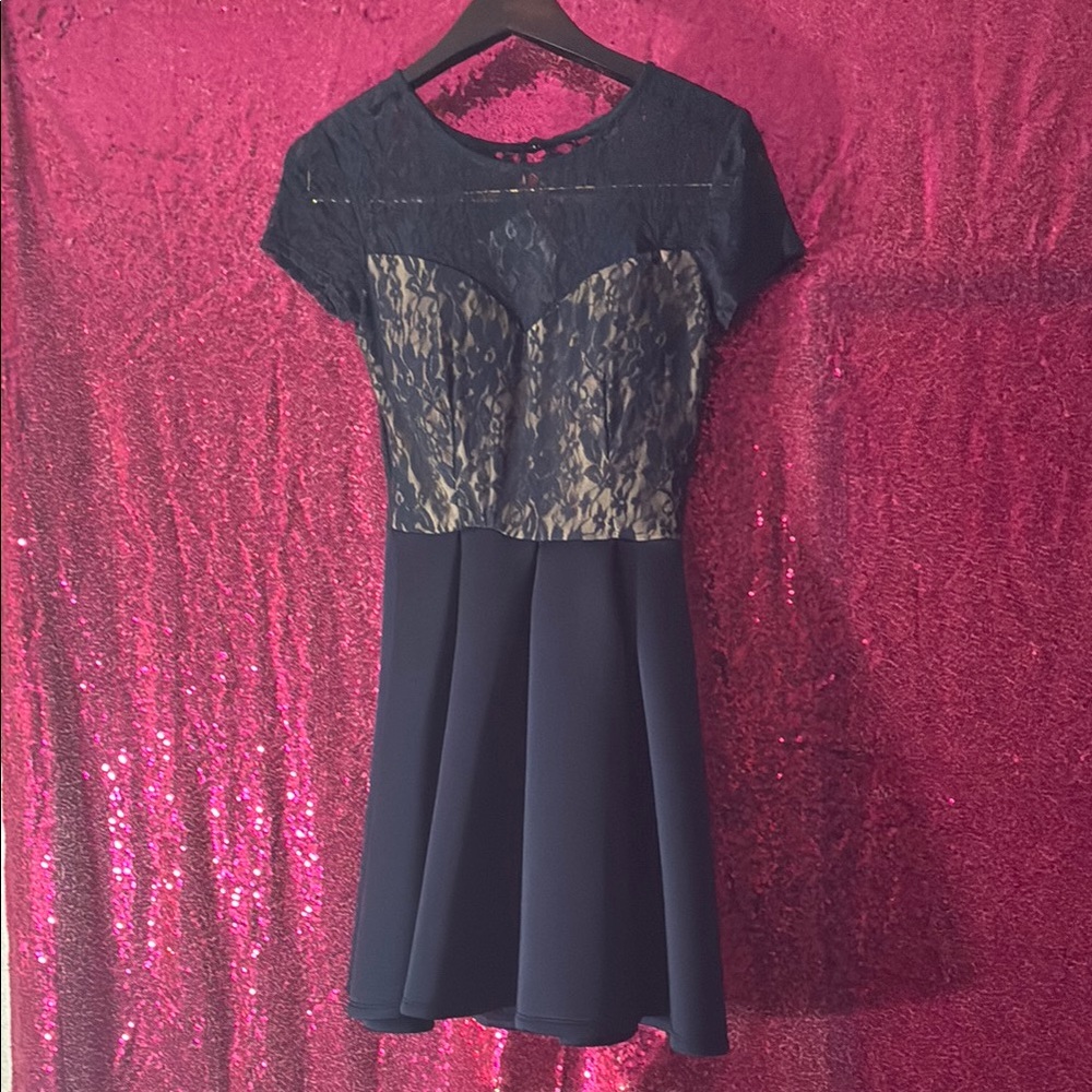 Chic Black Lace and Navy Dress